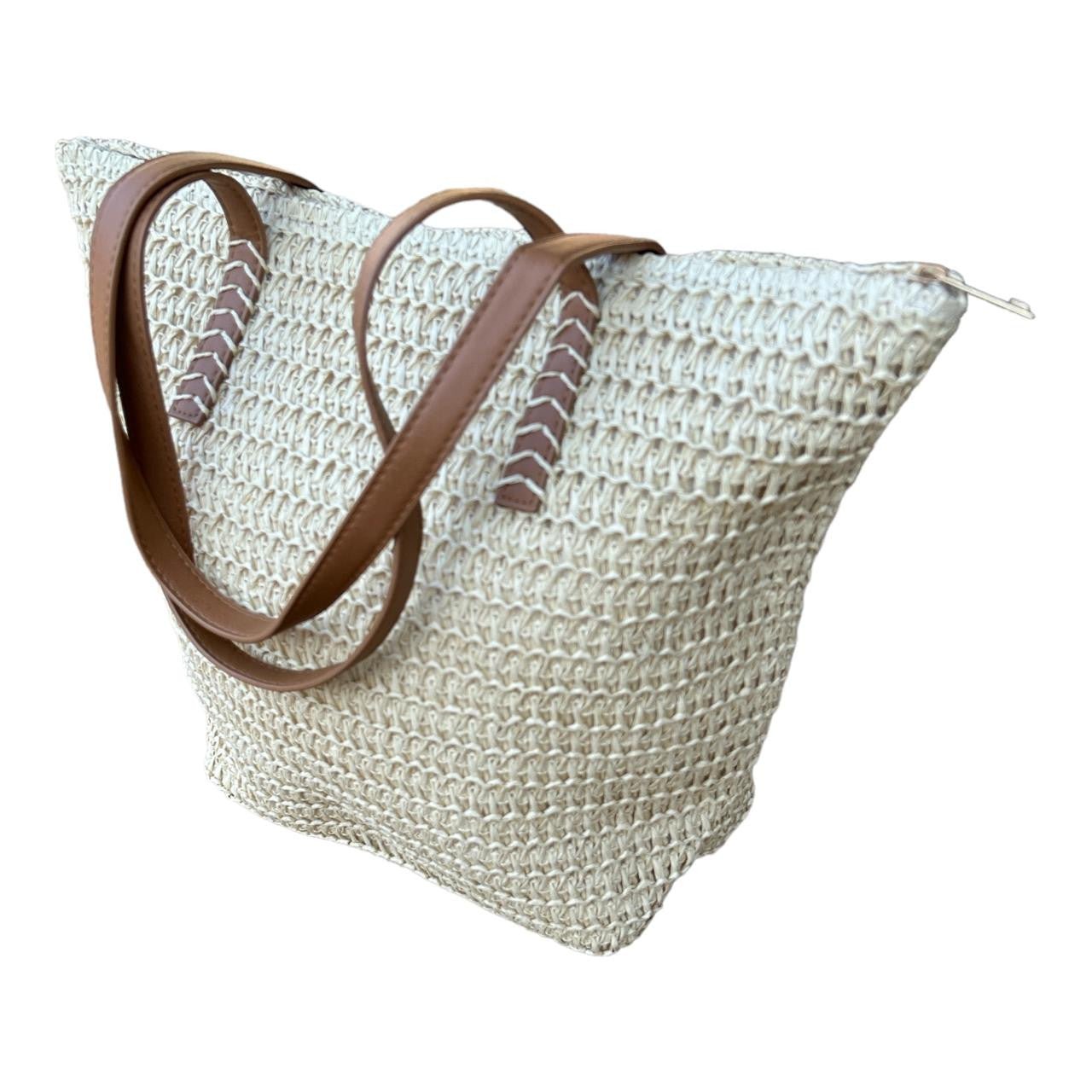 Braided Beach Bag - Dark Brown Faux Leather Handles - Future Decor