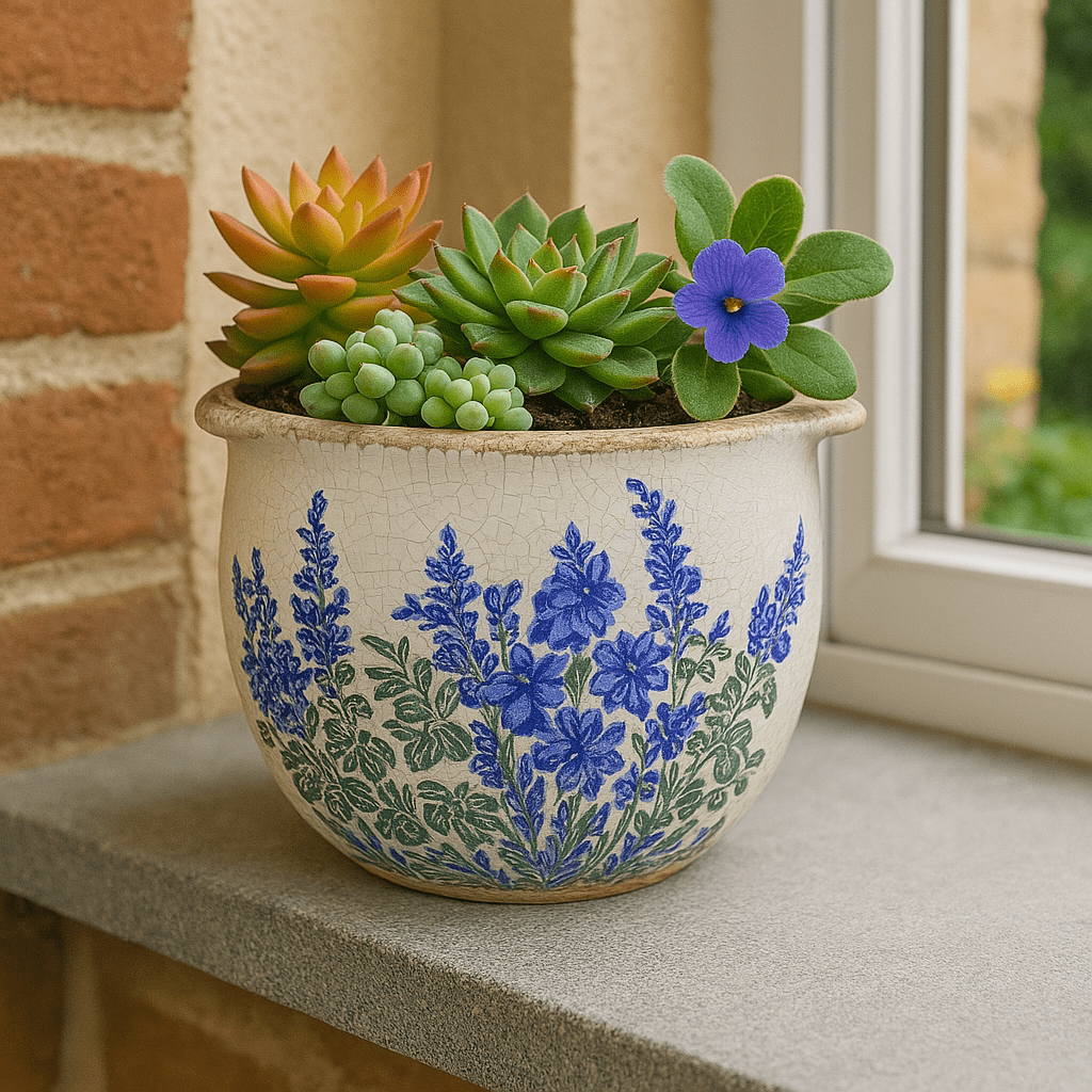 Ceramic Handled Pot Planter - Blue And Green Flowers - Future Decor