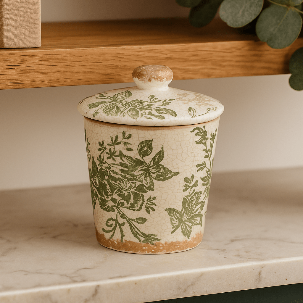 Ceramic Jar - Green Floral Silhouettes - Future Decor