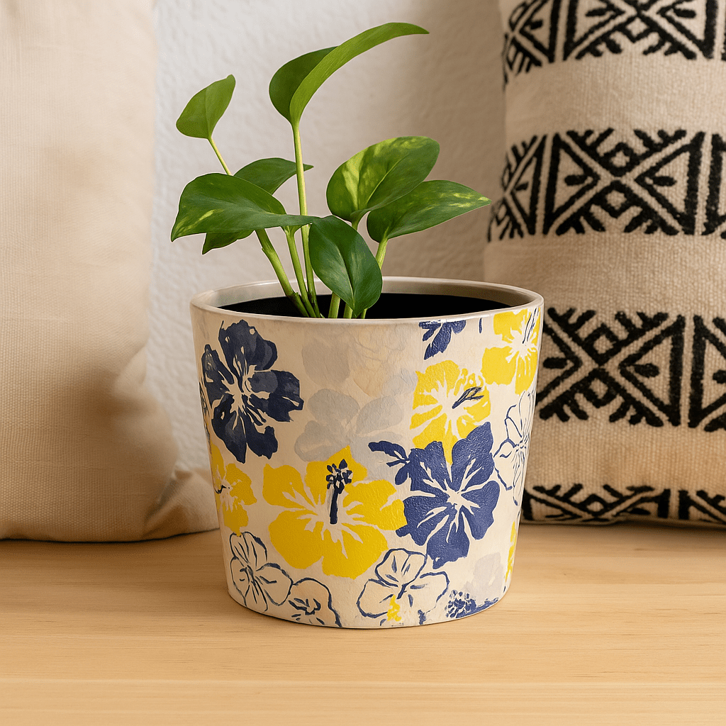 Ceramic Pot Planter - Yellow, Blue And Grey Flowers - Future Decor