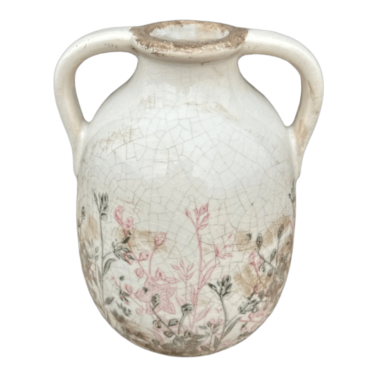 Ceramic Two Arm Vase - Green And Pink Floral Silhouettes - Future Decor