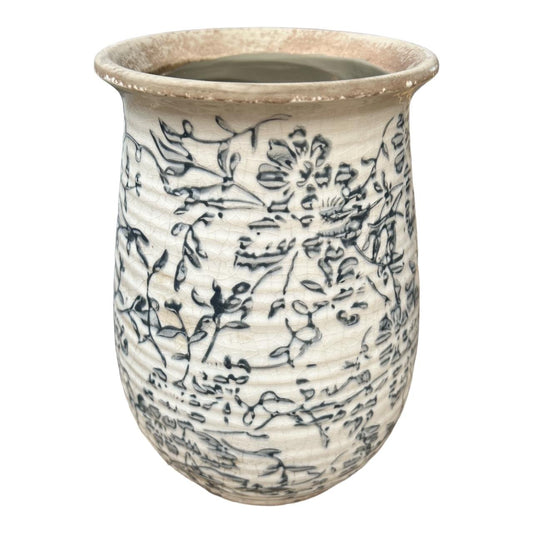Ceramic Vase - Black Floral Silhouettes, Rippled Body - Future Decor