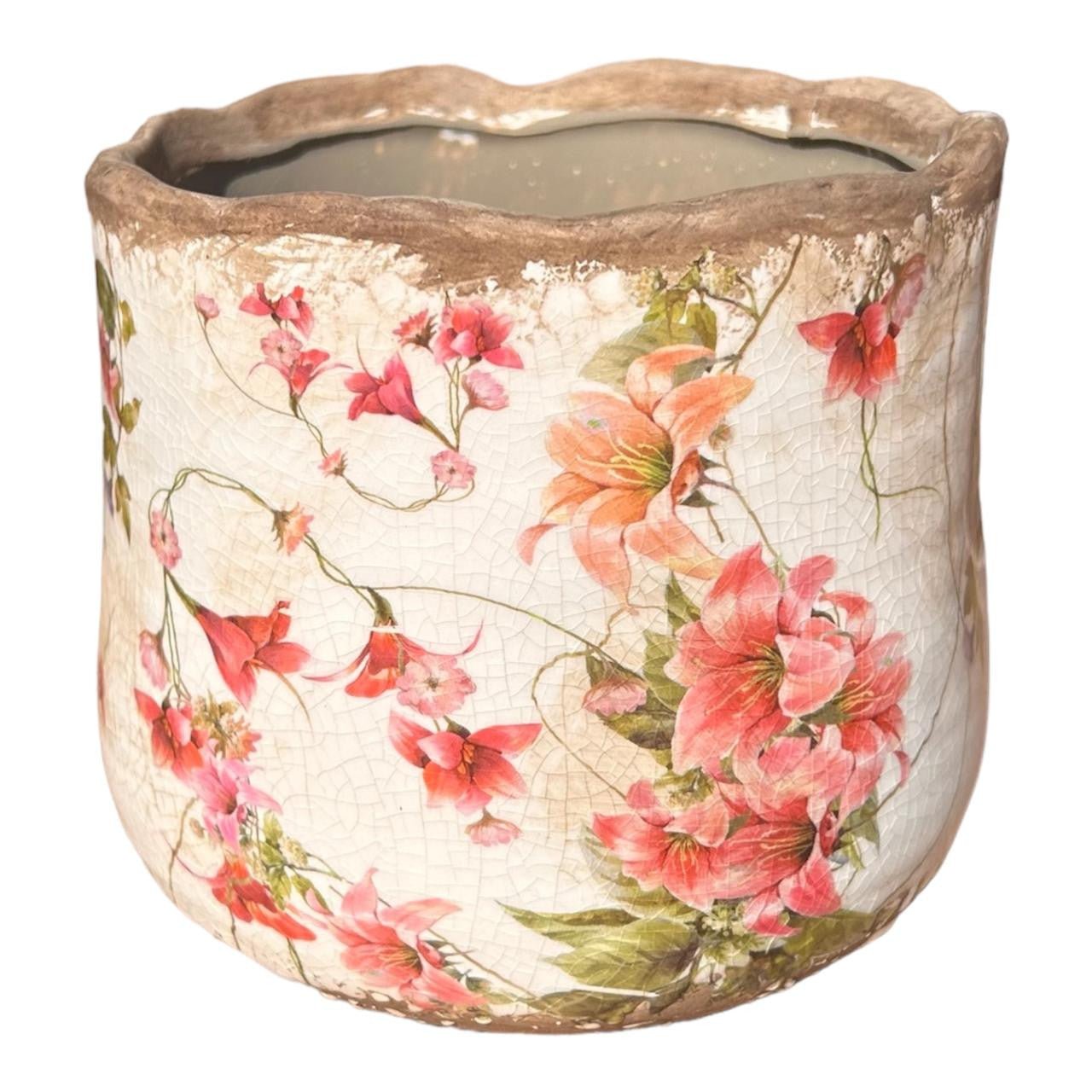 Ceramic Wavy Rim Pot - Pink Lily Flower And Edelweiss - Future Decor