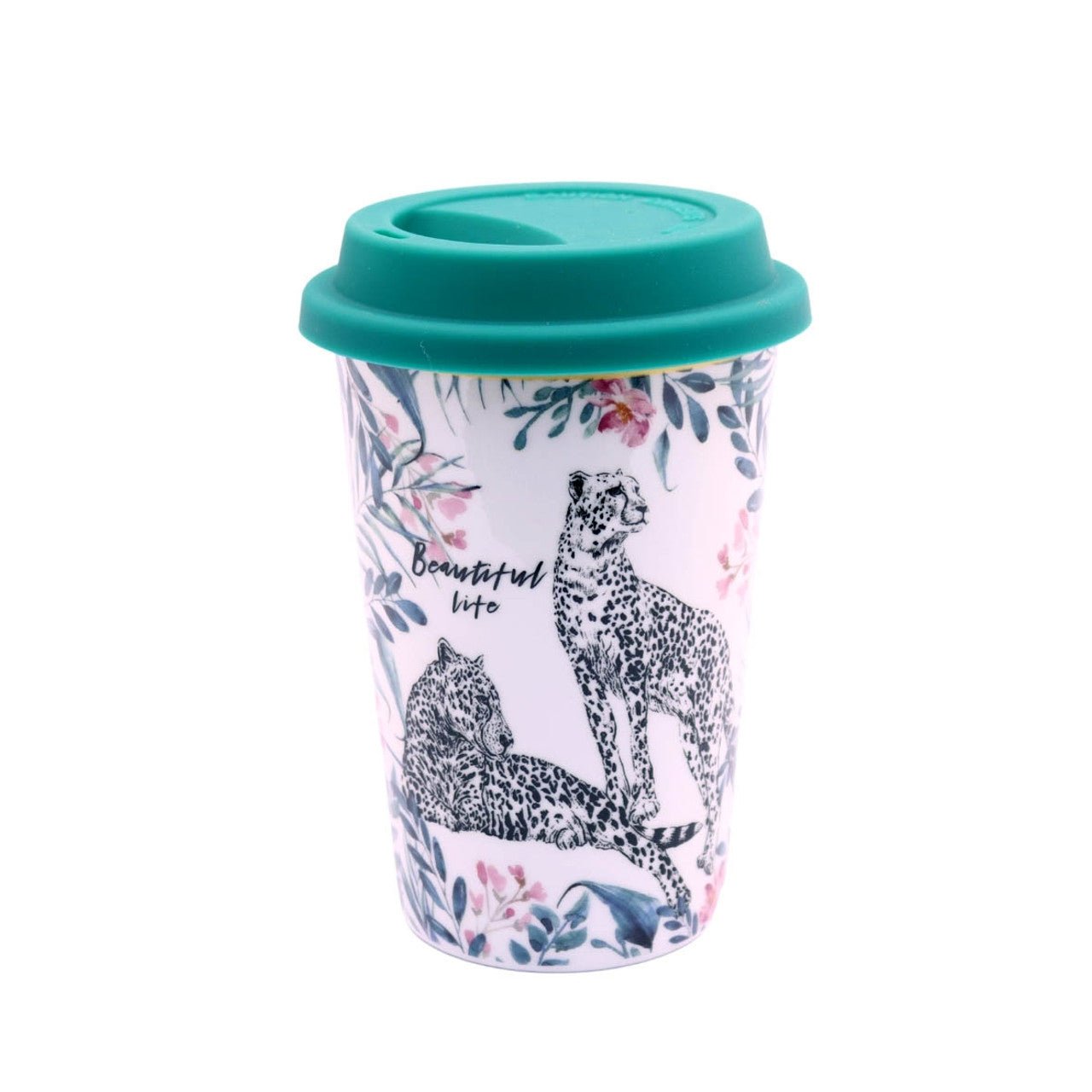 Cheetah and Leaves Design Travel Mug with Dark Green Lid - Future Decor