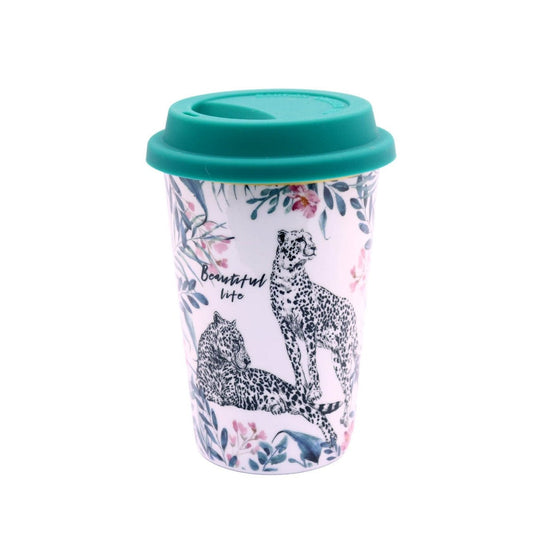 Cheetah and Leaves Design Travel Mug with Dark Green Lid - Future Decor
