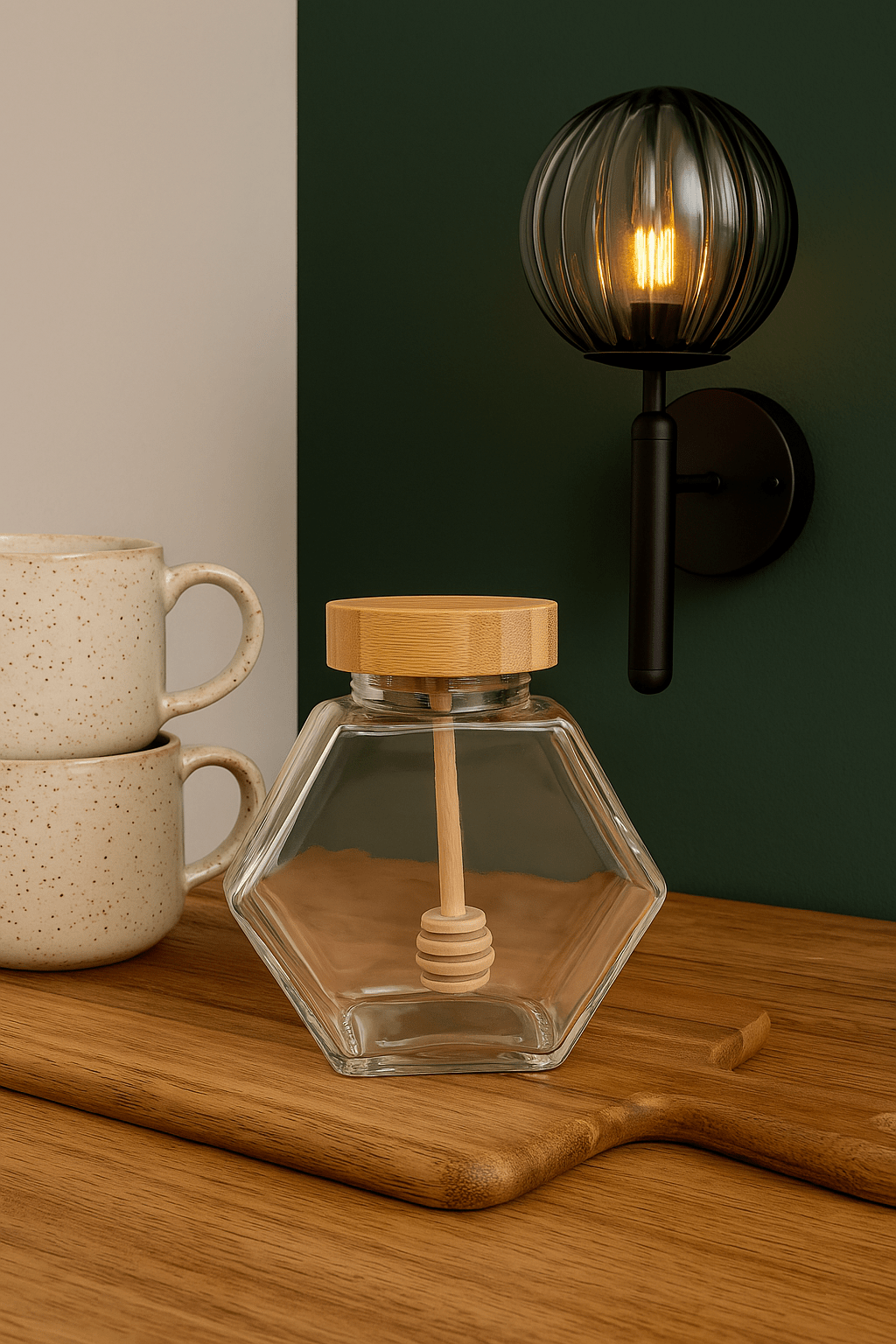 Glass Honey Pot, Wooden Lid And Spoon - 380ml - Future Decor