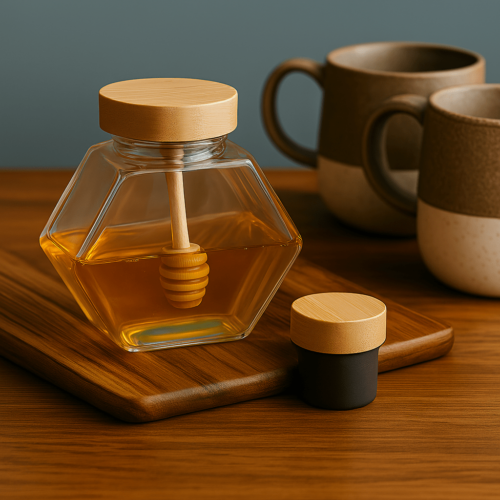 Glass Honey Pot, Wooden Lid And Spoon - 380ml - Future Decor