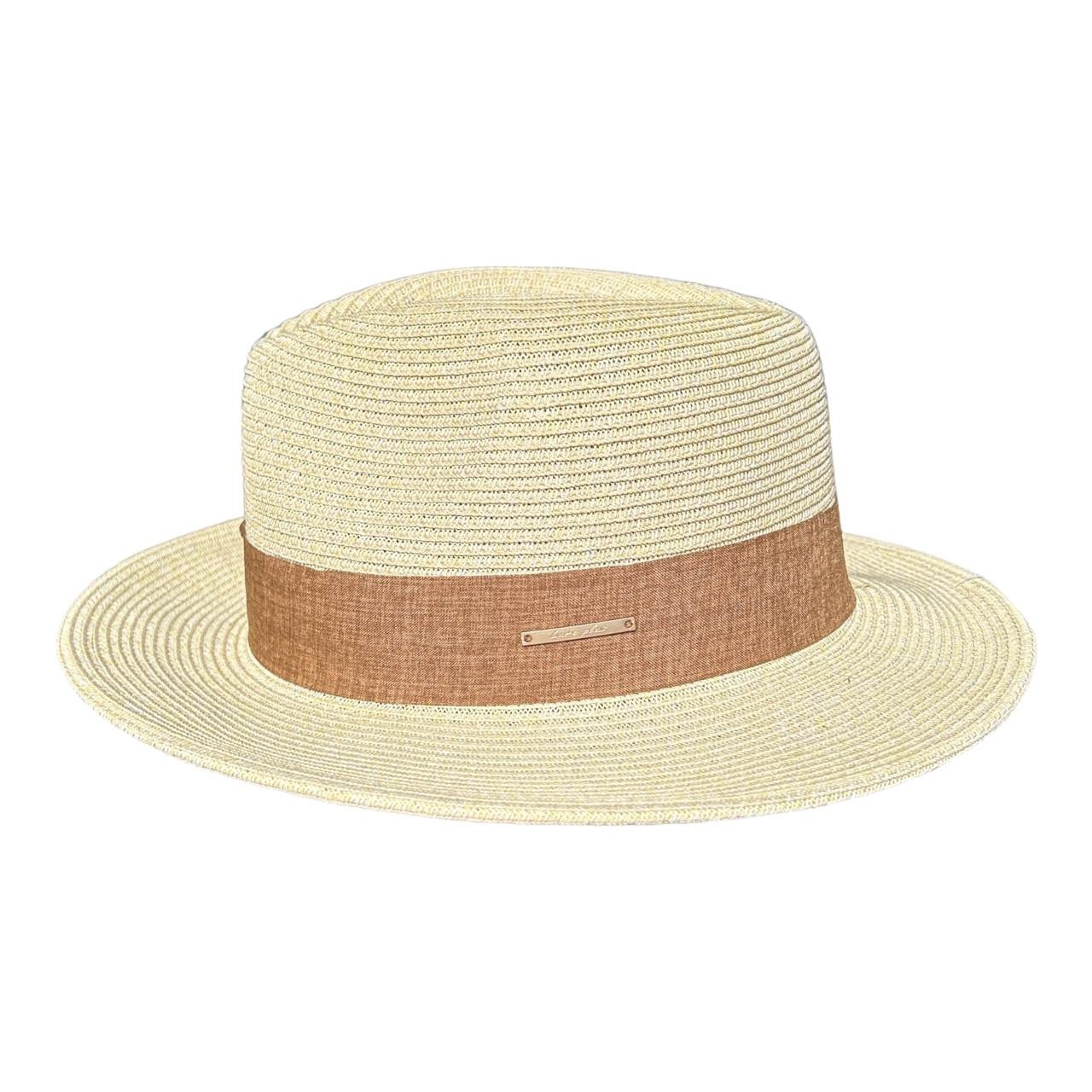 Hat - Cream, Brown Band And Metal Plate - Future Decor