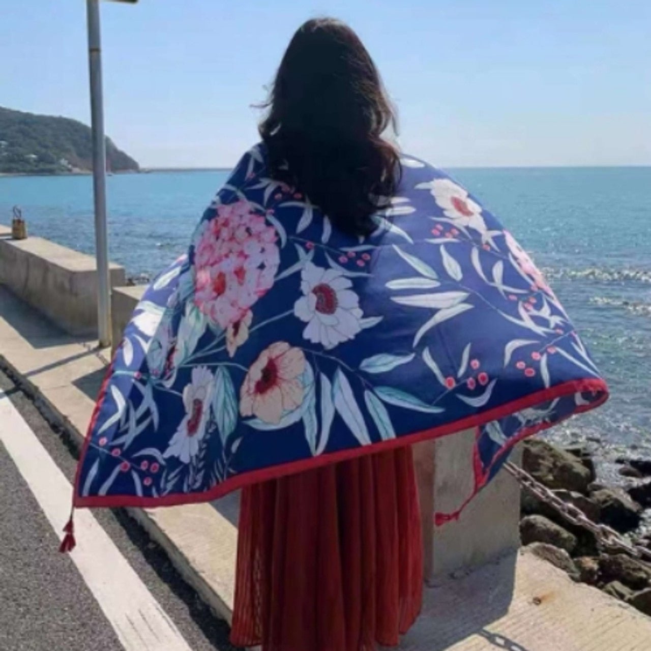 Large Floral Print Scarf with Navy Background - Future Decor