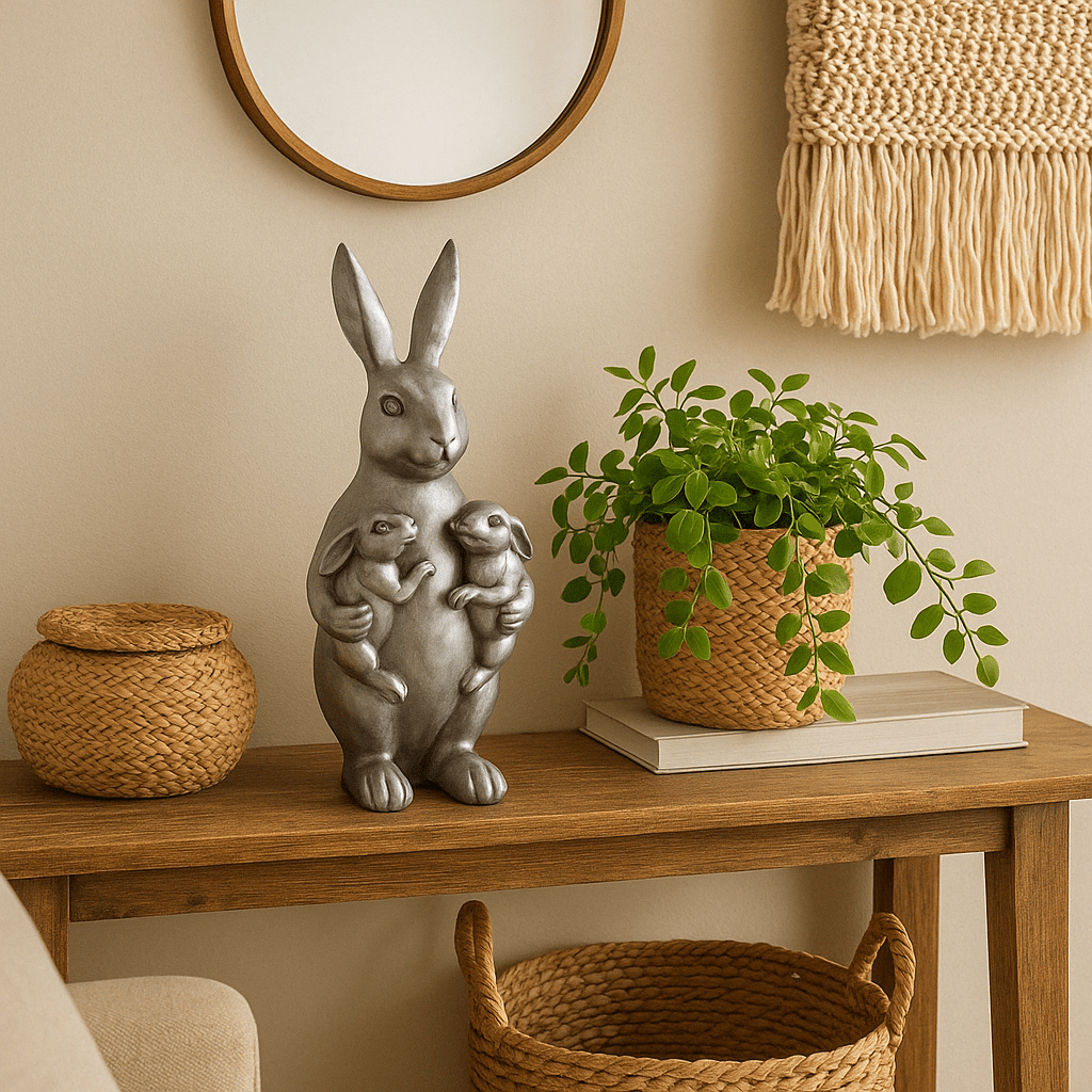 Large Silver Bunny Holding Kids - Future Decor