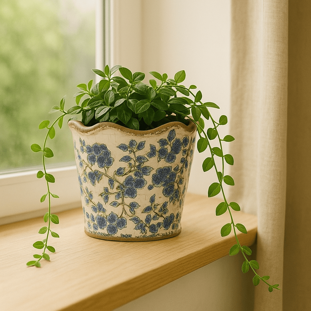 Medium Ceramic Planter - Blue Flowers And Green Leaves - Future Decor