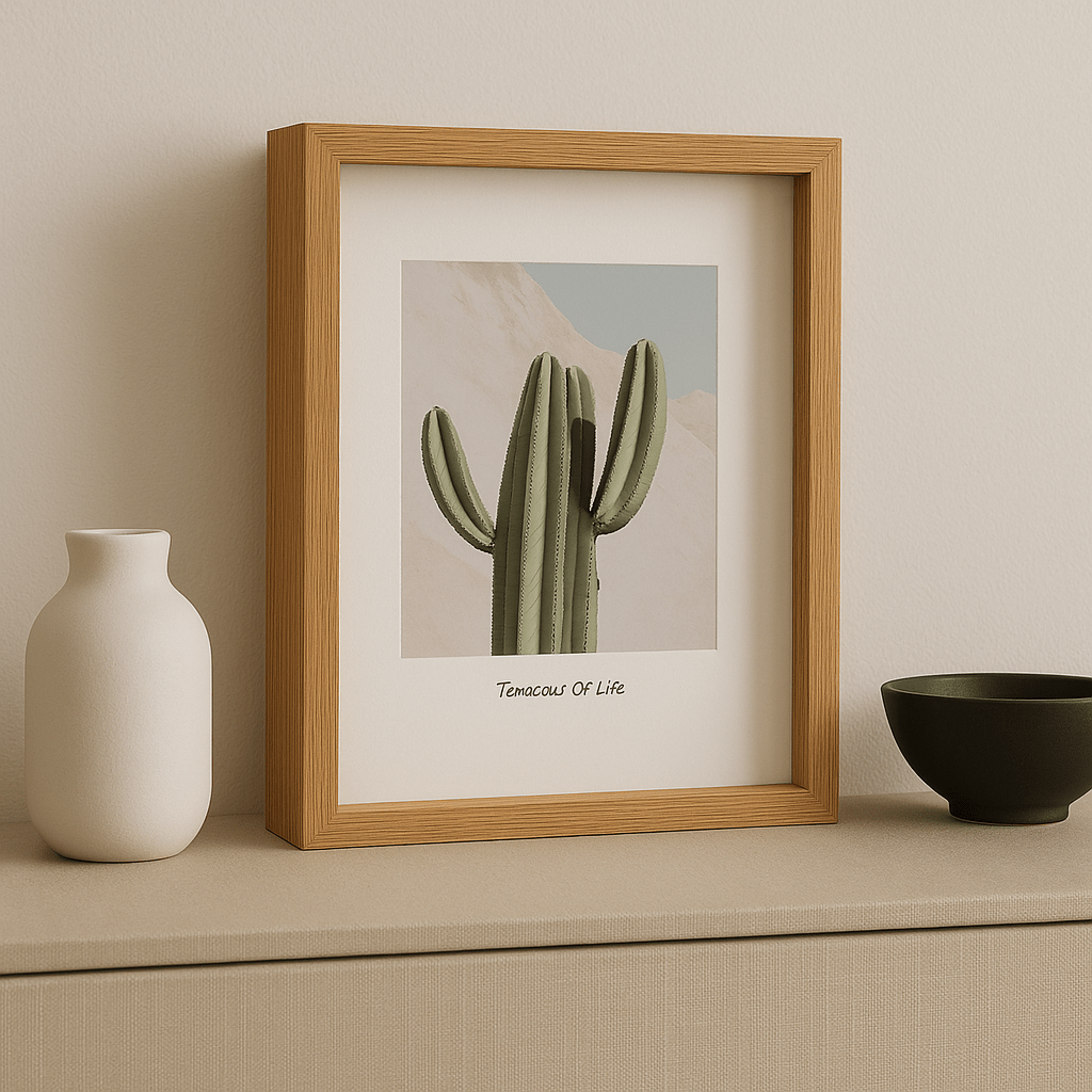 Medium Floating Photoframe with Cactus Image and Light Brown Frame - Future Decor