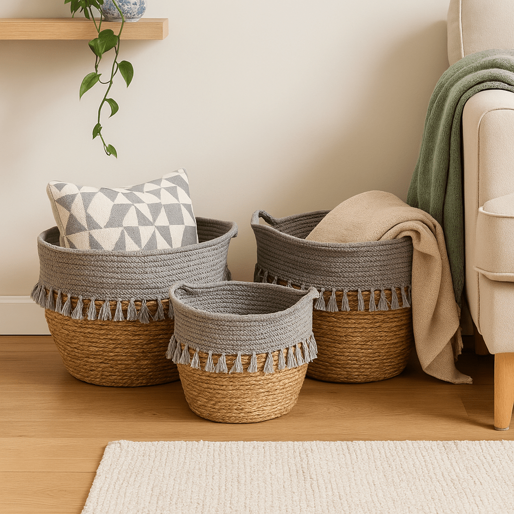 Set of 3 Weaved Baskets - Grey Top And Tassels - Future Decor