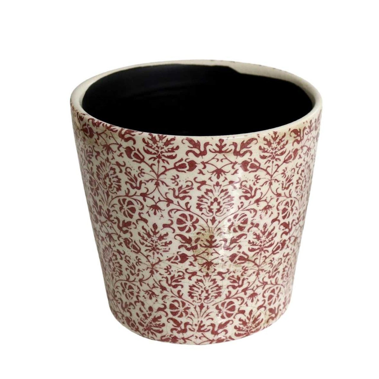 ST1483 Off White Pot Planter - Red Leaf And Vine Pattern - Future Decor