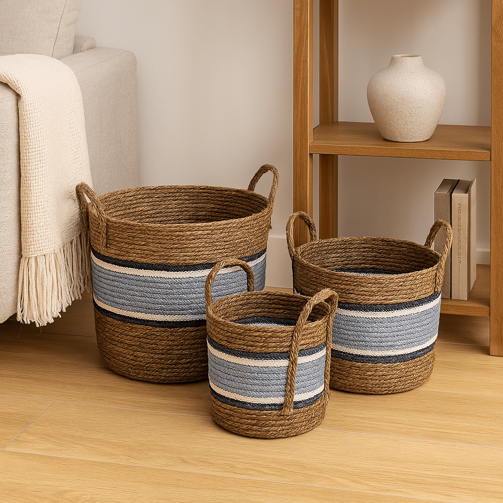 Weaved Baskets Set Of 3 - Thick Grey Stripe Black And White Stripes - Future Decor