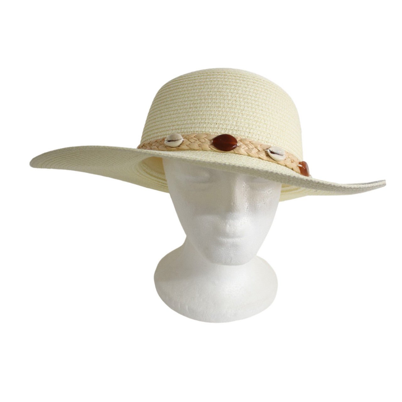 Weaved Hat - White And Beige Braided Band Shells - Future Decor
