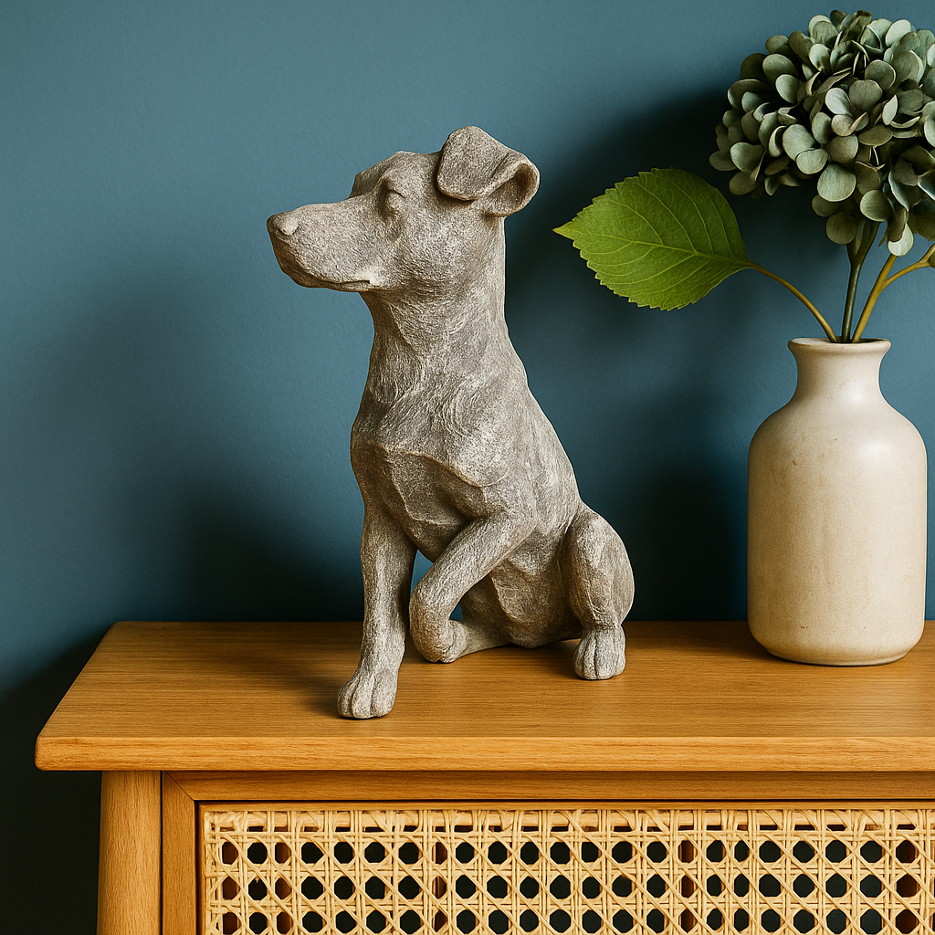 Grey and White Dog Figurine Giving Paw