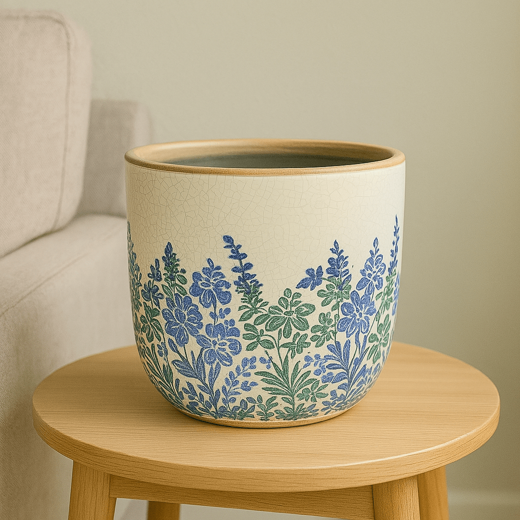 Ceramic Pot - Blue And Green Flowers - Future Decor