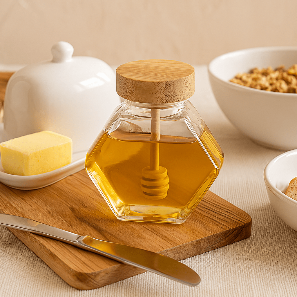 Glass Honey Pot, Wooden Lid And Spoon - 220ml - Future Decor