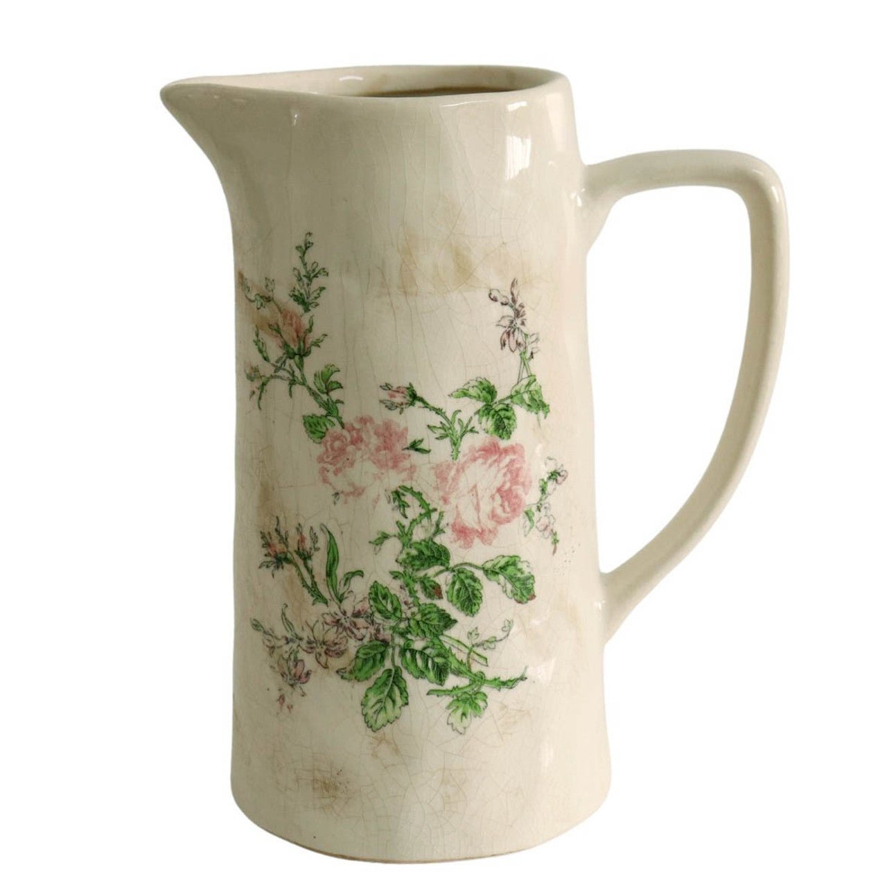 T01RG1 Large Off White Jug - Pink Roses And Leaves - Future Decor